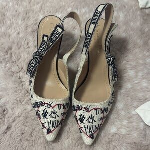 Dior Women's Embroidered Slingback Heels - Black and Cream